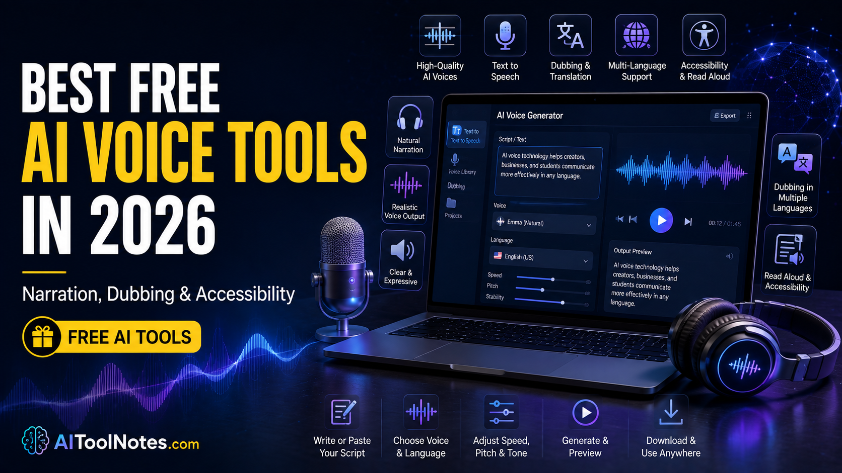 Best free AI voice tools in 2026 for narration, dubbing, text-to-speech, and accessibility.